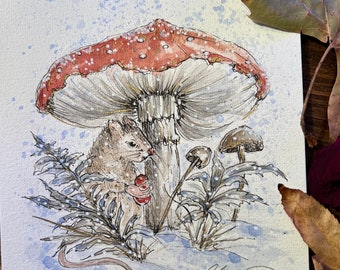Watercolor Mushroom, Sugar Mice, Christmas Art, Limited Edition Print, Winter scene, New Release for Limited Time