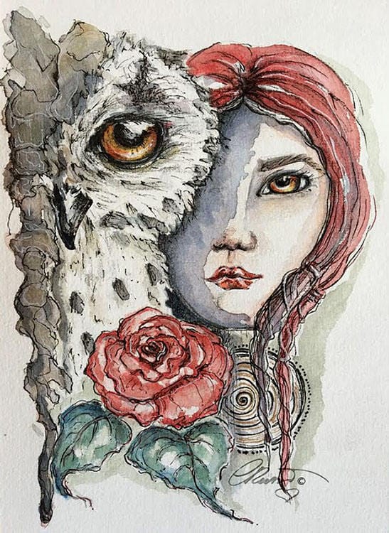 Owl, Spirit Animal Owl, Strong And Free, Watercolor, Ink Illustration, Fine Art Print, Girl with owl