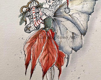 Christmas Fairy, Stocking, Limited Edition Print, Signed Print, Watercolor, Whimsical art