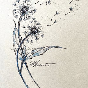 May include: A black and blue ink drawing of two dandelion flowers with seeds blowing in the wind. The drawing is signed "Russo Art" in the bottom right corner.