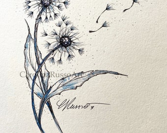 Dandelions, Open Edition Print Signed, Watercolor Painting, Botanical Painting, Blue Dandelions, Dandelions Magic Wishes, Rustic Dandelion