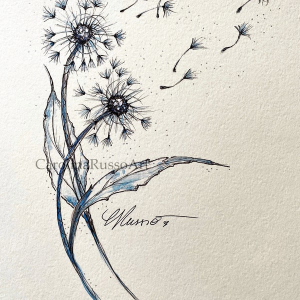 Dandelions, Open Edition Print Signed, Watercolor Painting, Botanical Painting, Blue Dandelions, Dandelions Magic Wishes, Rustic Dandelion