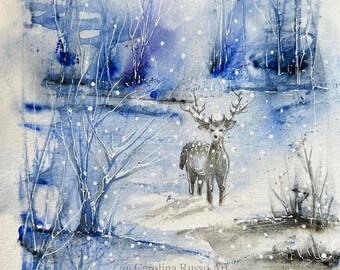 Woodland, Snowy Landscape, Deer, Christmas Art, Limited Edition Print, Signed Print, Watercolor, Winter scene