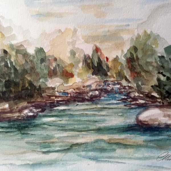 Landscape, River Scene Painting, In the wood, Watercolor, Limited Edition Fine Art Print, Loose Watercolor, Nature