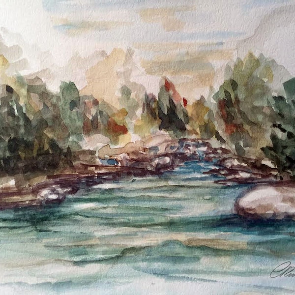 Landscape, River Scene Painting, In the wood, Watercolor, Limited Edition Fine Art Print, Loose Watercolor, Nature