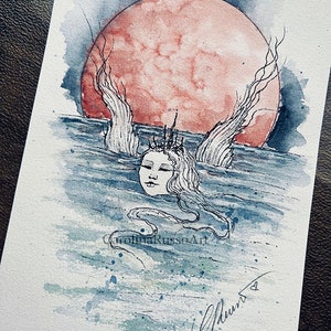 Mermaid, Eclipse, Watercolor Mermaid,  Limited Edition,  Hand Enhanced Print Mermay2022