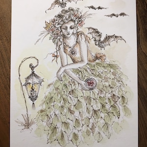 Bats, Bat&#39;s Keeper, watercolor, Bat&#39;s Goddess, fairyland, Open Edition Signed Prints, Hand Enhanced