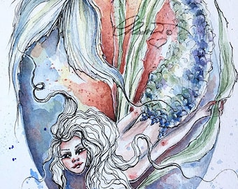 Mermaid, Exploring The Abyss,  Watercolor Mermaid, Limited Edition, Signed Print, Ink Illustration, Fine Art Print, Mermay