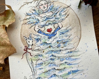 Snow Queen , Christmas Art, Limited Edition Print, Signed Print, Watercolor, Whimsical art