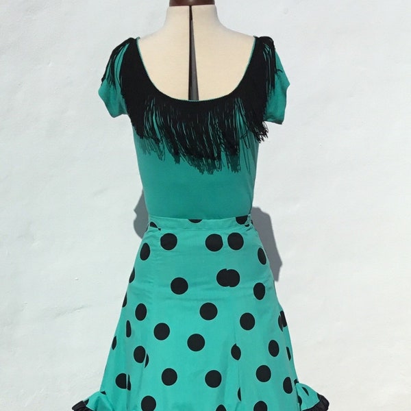 Vntg Spanish Flamenco/Gypsy Dress/Costume 2 Piece Turquoise/Black Polkadots, Satin Ribbons & Fringe Size 14 (UK) Frida Kahlo