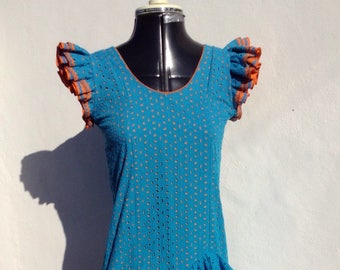 Spanish Flamenco Dress 32" Bust - Turquoise Blue Over Orange Cotton Broderie Anglais with Multifrills and Ric Rac