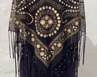 Vintage Spanish Gypsy Shawl Black/Gold + Silver Pattern, Long Fringe with Silver Tone Beads Triangular Shape Evening/Fiesta/Party/Occasion