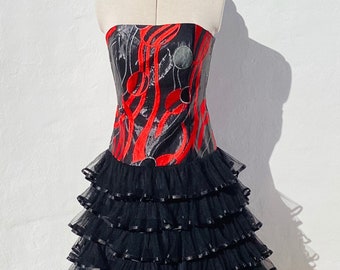 Spanish Flamenco/Evening Dress 35”Bust Strapless Black+Red Silk Brocade Dress with Multifrilled Black Net + Ribbon Circle Skirt