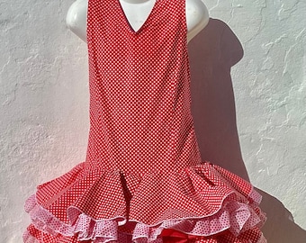 Vestido de flamenco español para niña Vestido de lunares rojo/blanco con falda circular completa con súper volantes Edad 4/5 aproximadamente Pecho 24”(61 cm)