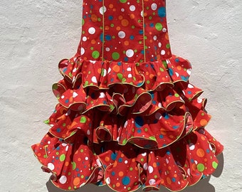 Girls’ Spanish Flamenco Gypsy Dress Pretty Bright Red with Rainbow Polkadots + Multifrilled Circle Skirt Age 8-10 approx Chest 26”(66)