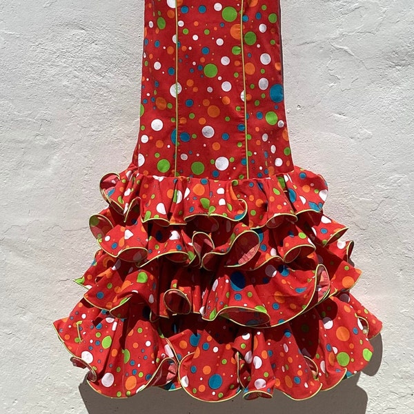 Vestido de gitana flamenca española para niñas Bonito rojo brillante con lunares arcoíris + Falda circular con múltiples volantes Edad 8-10 Pecho aprox. 26”(66)