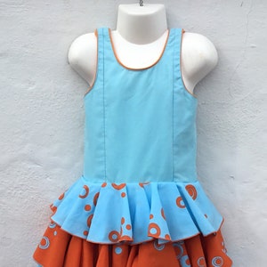 Girls&#39; Vintage Spanish Flamenco Dress 22&quot; (56cm) Chest Pale Aqua Blue + Orange with Polkadots Party/Fiesta/Dance Age 18-36 months approx