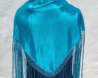 Vintage Spanish Gypsy Shawl Turquoise Silky Manton Handmade with Knotwork Border + Fringe Fiesta/Party Wrap Triangular Shape Small Size