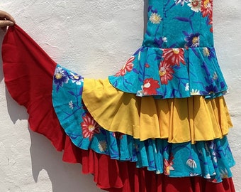 Girls Spanish Flamenco Dress with Red Manton Colourful, Sleeveless Dress, Circle Skirt Age 6/7 approx Chest 24”(61cm)