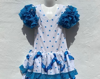 Girls Vintage Spanish Flamenco Dress Classic White with Turquoise Blue Polkadots,Satin Ribbons+Lace Age 7/8 approx Chest 26”(66cm)