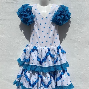 Mädchen Vintage Flamenco Kleid, Weiß Türkis Tupfen, Spanischer Tanz Kostüm