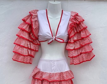 Déguisement vintage 2 pièces de samba à volants rouges et blancs pour fille, déguisement Carmen Miranda - Carnaval/Danse/Fiesta/Fête