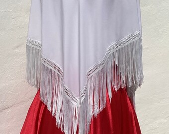 Pure White Spanish Gypsy Shawl Triangular Shape Long Fringe Miedium Size  - Manton/Wrap/Evening/Party/Fiesta/Dance/Occasion/Flower Girl