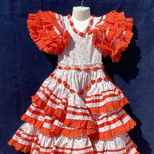 Girls Vintage Spanish Flamenco Dress White With Orange Polkadots