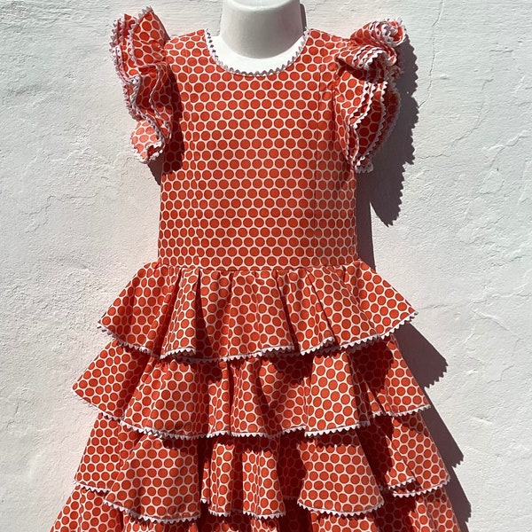 Little Girls’ Spanish Flamenco Dress Orange + White Polkadot Cotton Frock with White RicRac+Circle Skirt Age 3/4 approx Chest 22”(56cm)