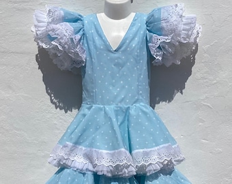 Girls Vintage Spanish Flamenco Dress Pretty Powder Blue+White Polkadots+Broderie Anglaise Cotton Lace+Circle Skirt Age 5 approx Chest 24”