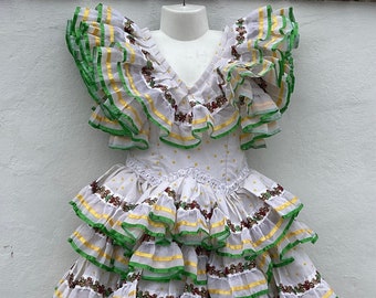 Niña Vintage Español Super Volantes Vestido Flamenco Blanco/Amarillo Lunares Lazos Multicolores, Falda Circular Edad 3 Aprox Pecho 22”(56cm)