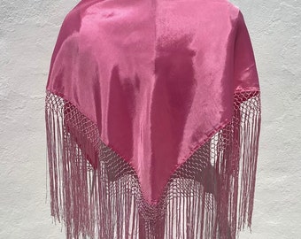 Vintage Spanish Gypsy Shawl Sugar Pink Silky Manton Handmade with Knotwork Border + Fringe Fiesta/Party Wrap Triangular Shape Small Size