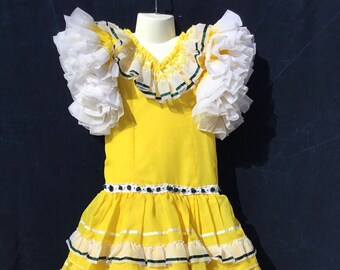 Vintage Girl's Lemon Yellow Flamenco Dress: Organdie Frills, Green Ribbons (Age 5-7)