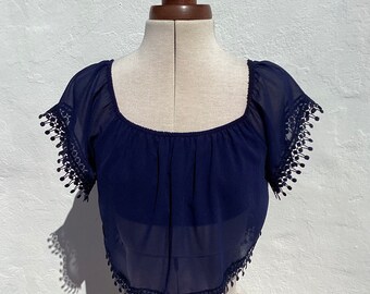 Navy Blue Chiffon Crop Top Spanish Blusa with Lacey Edging Short Bolero Blouse Lightweight Summer Top Size 34/36 Bust