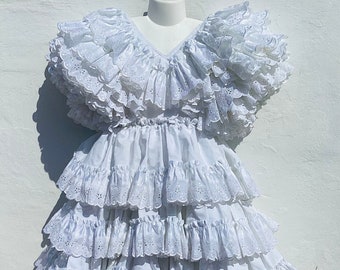 Robe flamenco espagnole vintage/demoiselle d'honneur/fille aux fleurs, blanc pur, dentelle en coton, jupe circulaire, poitrine 61 cm (24 po.) Âge : 5/6 ans environ