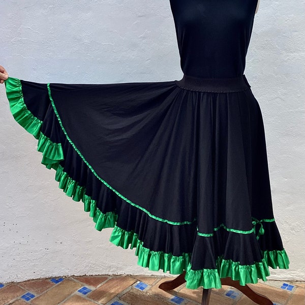 jupe de danse flamenco espagnole vintage jupe cercle noir avec rubans de satin vert émeraude ceinture extensible 29 "-32" (73,5 cm-81 cm) taille moyenne