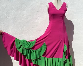 Vintage Spanish Raspberry Pink + Emerald Flamenco Dress Circle Skirt Size 10UK  Latin Dance/Mermaid/Wiggle Dress