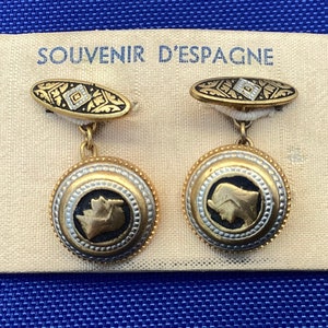 Spanish Damascene Cufflinks Souvenir Black + Gold Cameo Gemelas Vintage Deadstock - Unused with Tags
