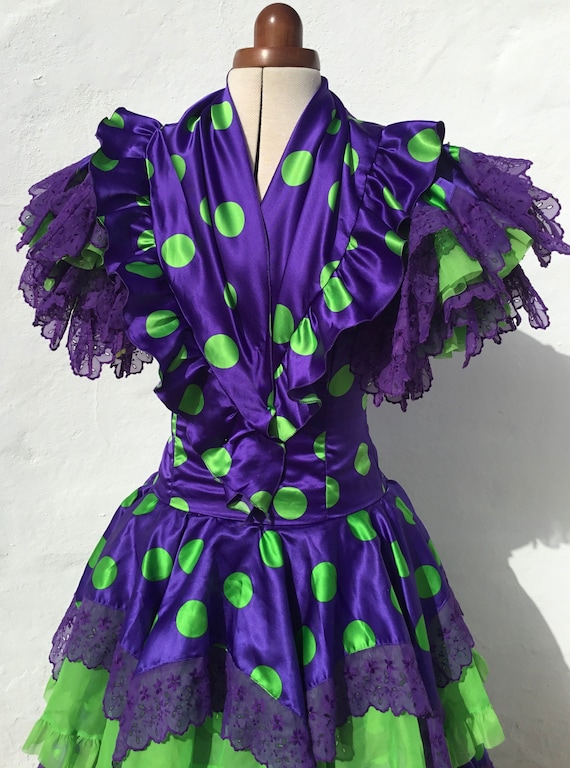 [新品] フラメンコ衣裳 • Made in Spain Vintage Spanish Flamenco Dress, Purple Emerald Satin Polka Dot, 36