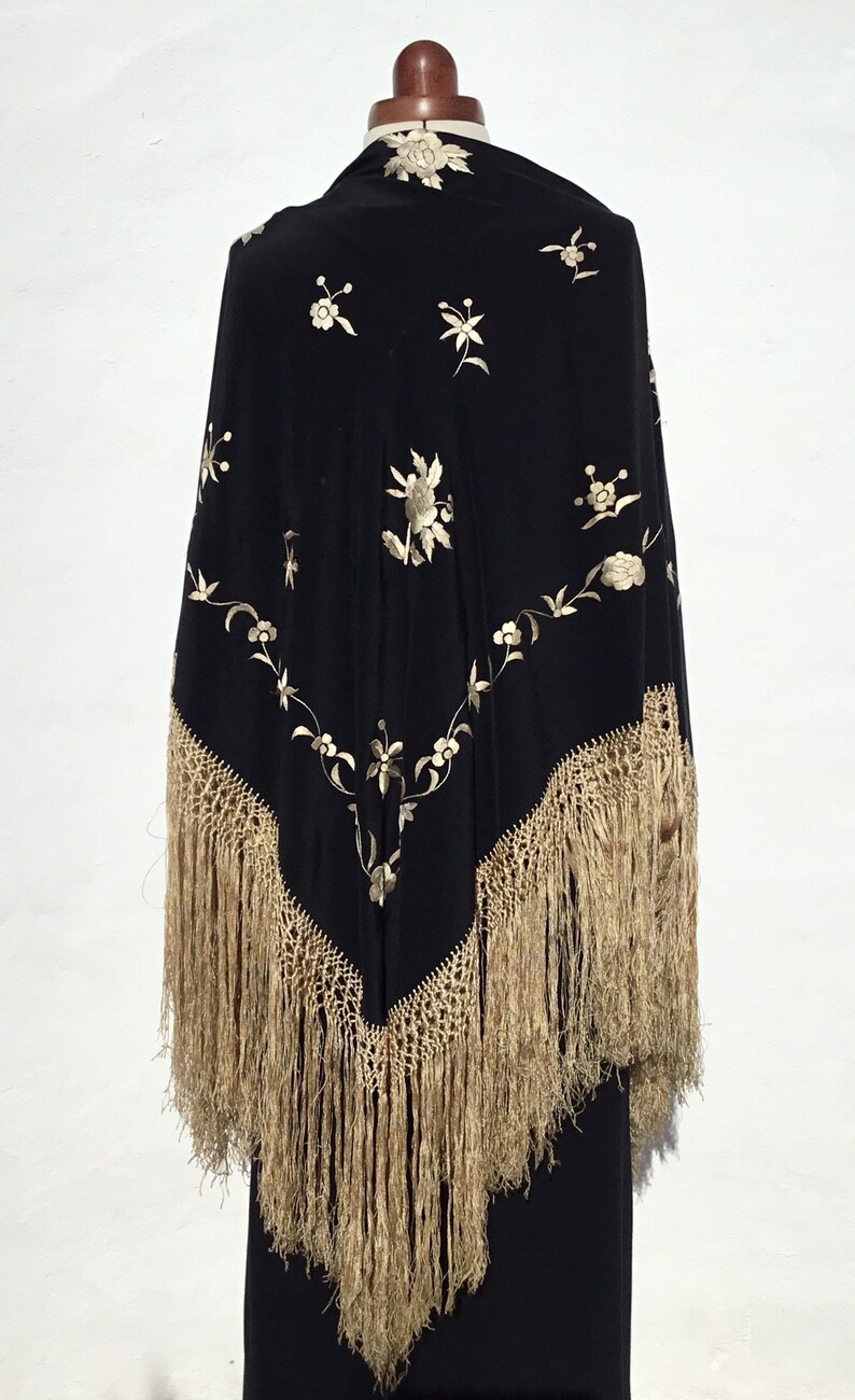 Handknotted Border+Fringe Antique Spanish Black Silk Crepe de Chine PianoMalacca Shawl with Pale Gold Hand Embroidered Flowers