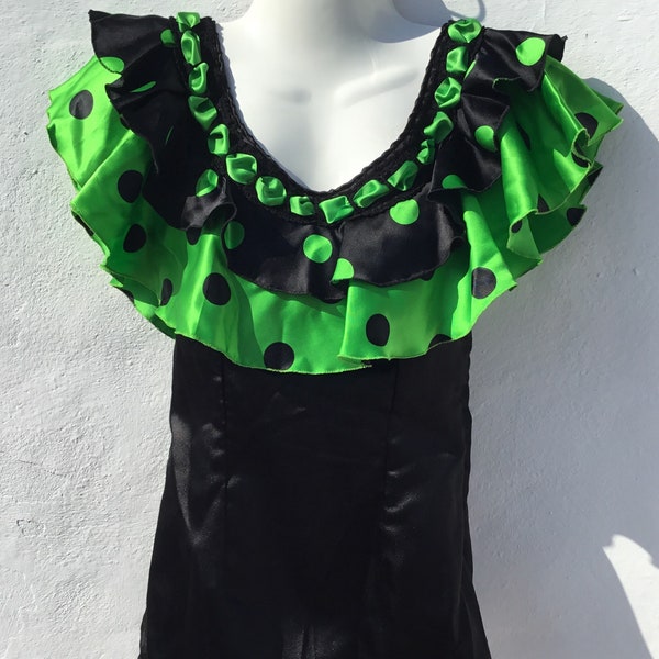 Vintage 28"(71cm) Bust Spanish Flamenco/Gypsy Blouse/Bodice Black &Emerald Green Satin with Polkadots and Ribbons