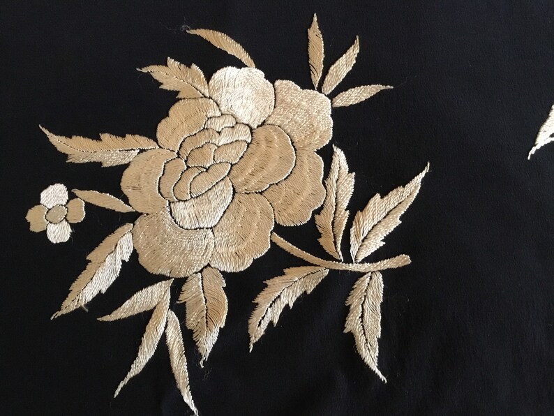 Handknotted Border+Fringe Antique Spanish Black Silk Crepe de Chine PianoMalacca Shawl with Pale Gold Hand Embroidered Flowers