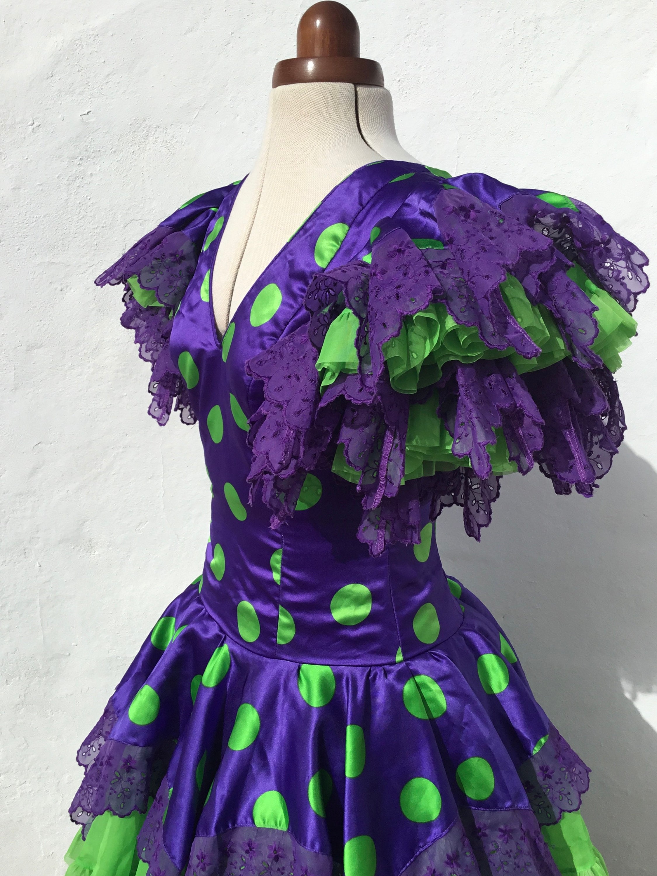 [新品] フラメンコ衣裳・LazoTurquesa・Made in Spain Vntg Spanish Flamenco Dress Fabulous Purple+emerald Green