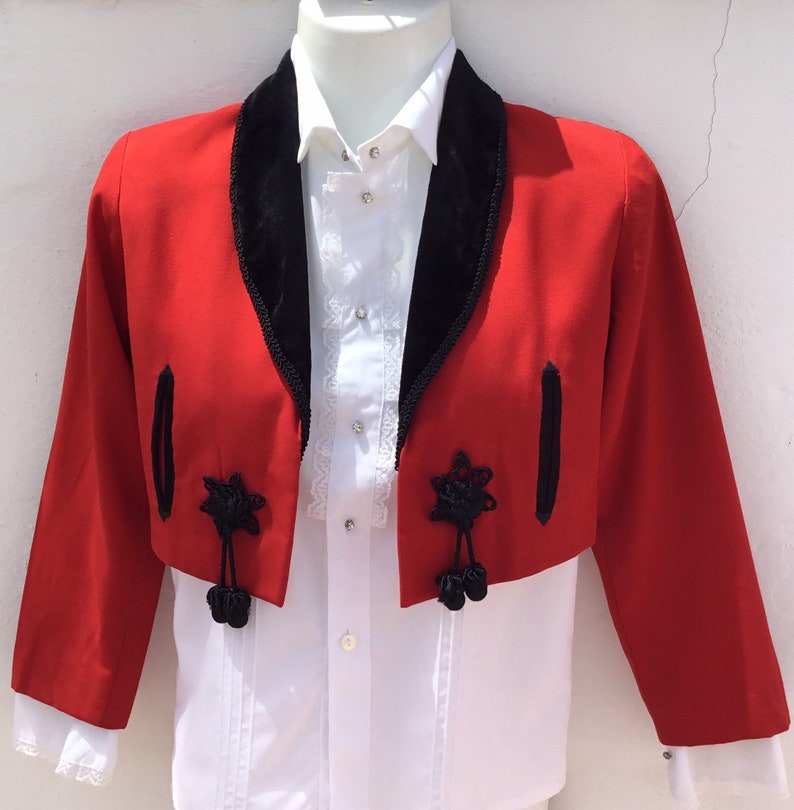 Vntg Spanish Horse RidingFlamenco Jacket Andalucian Cropped Riding Jacket RedBlack Velvet Trims Chest Size 26 66cm