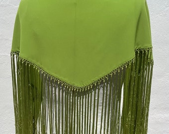 Vintage Handmade Spanish Gypsy/Fiesta Shawl Green Manton with Long Tasselled Fringe Summer/Party/Evening/Feria