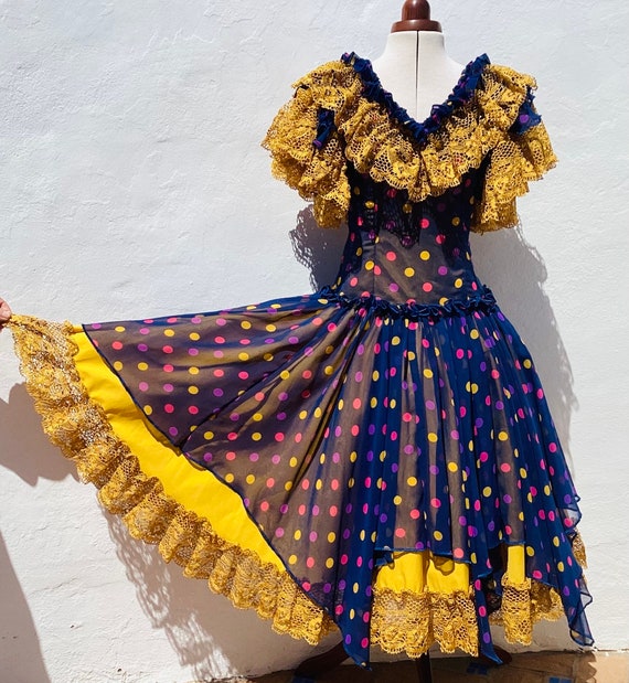 Vntg Spanish Flamenco Dress Beautiful Navy Blue Polkadot Dressfabulous Golden Lace Frill Full Circle Handkerchief Skirt 3486cm Bust Etsy