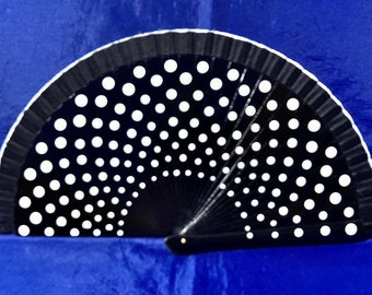 Spanish Hand Fan/Abanico Vintage Deadstock Black Lacquered Wood + Hand Painted White Polkadots on both sides Fiesta/Party/Evening/Flamenco