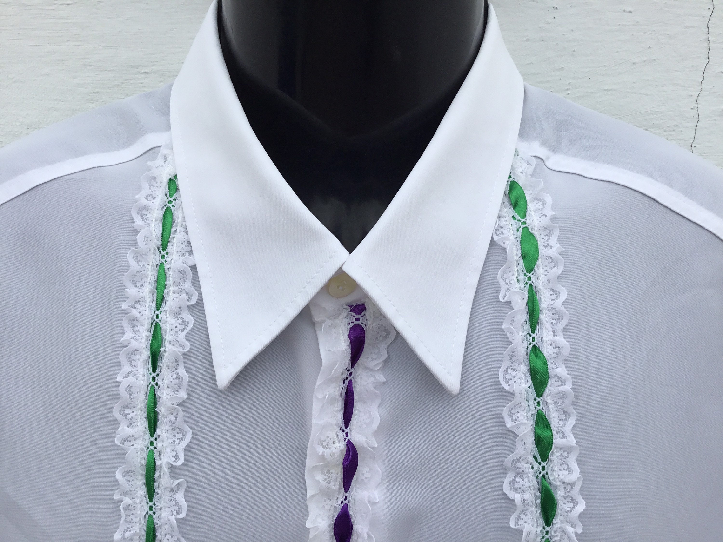 Image of Spanish Flamenco/Equestrian Horse Riding/Andalucian Dress Shirt Frilled Lace/Purple/Green Ribbons Chest Size 50"(127cm Vintage Tuxedo
