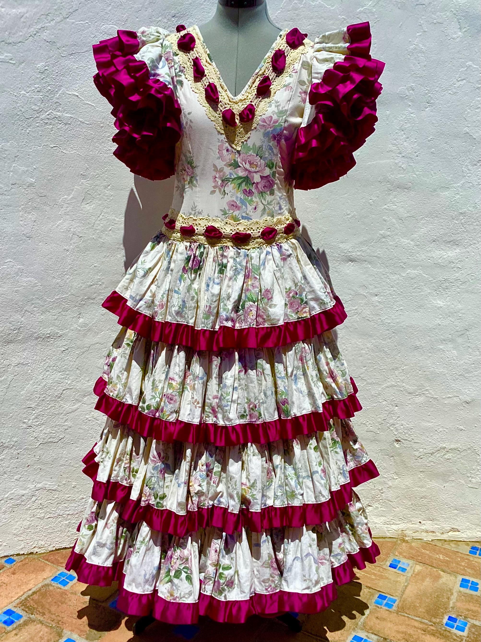 Vintage 1970s Spanish Flamenco Dress, Floral Cotton, Magenta Ribbons 32  Bust - Etsy