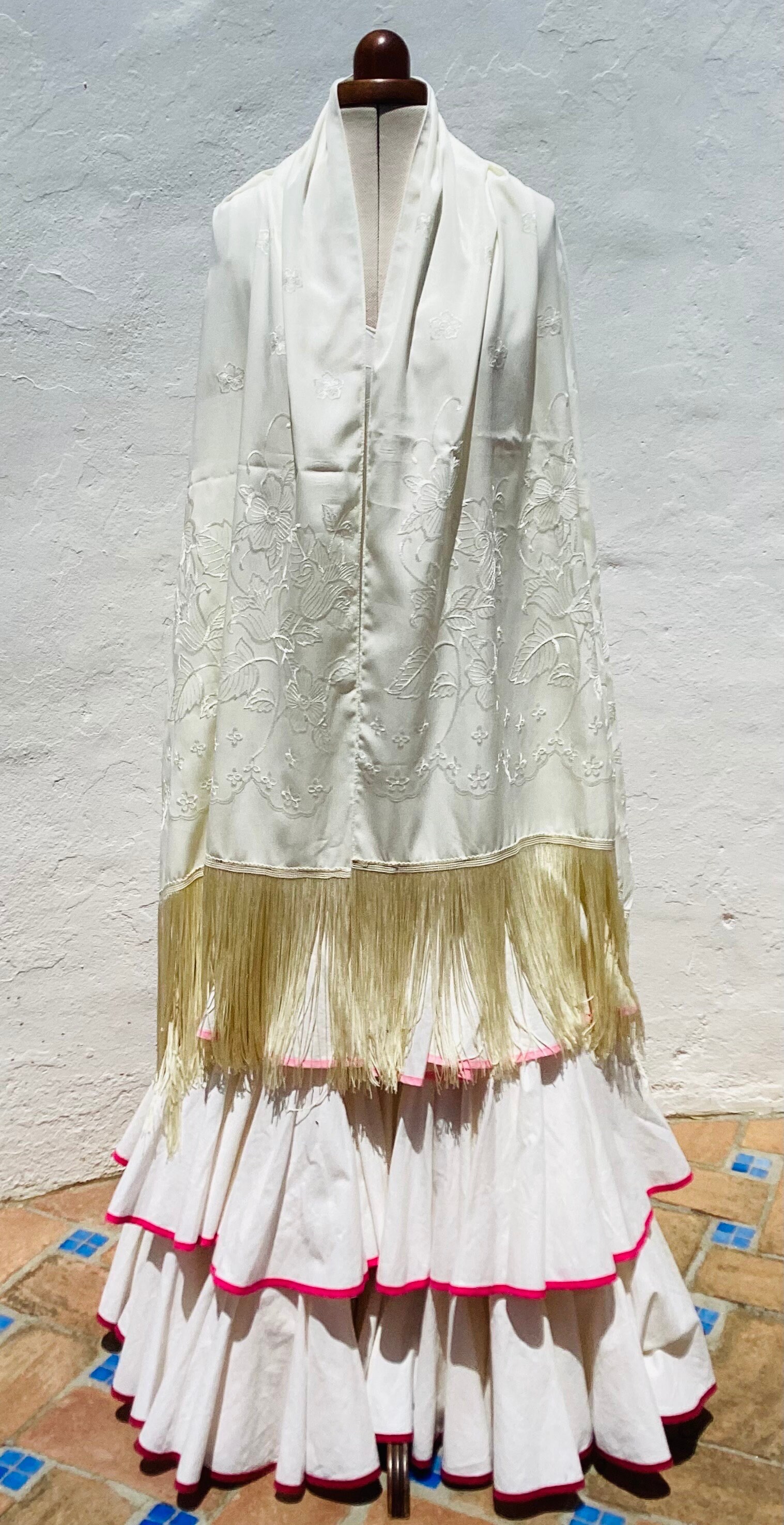 小物 shaggy design long stole Vintage Deadstock Ivory Rectangular Stole/shawl With Floral